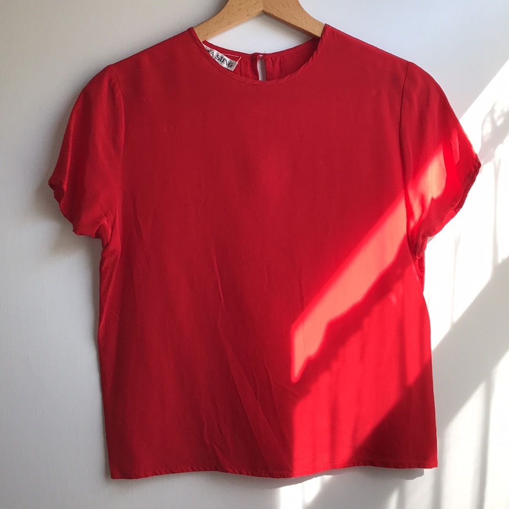 VTG Hana Sung Cherry Red Silk Short Sleeve Blouse - Picture 11 of 11